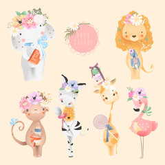 Safari baby animals collection. Elephant, lion, monkey, zebra, flamingo bird and giraffe with baby accessories, floral flower bouquet and tied bows