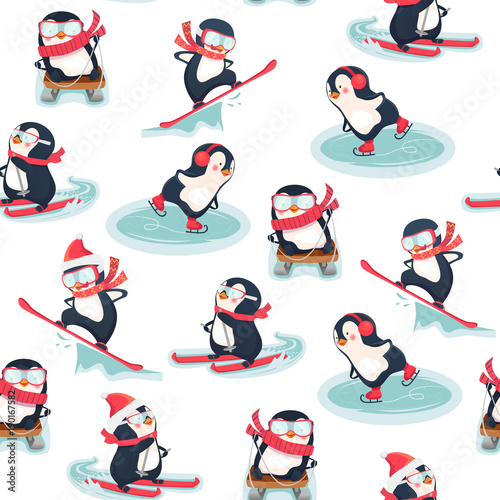 Cotton fabric seamless pattern with penguins