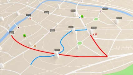 Poster - 4k animation aerial view of map with 3d building and destination moving location path