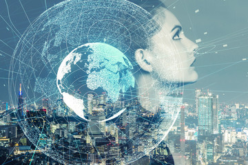 Poster - Portrait of beautiful woman and global communication network concept. AI(Artificial Intelligence). IoT(Internet of Things).