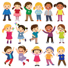 Happy Kids Cartoon Collection. Multicultural Children In Different Positions Isolated On White Background