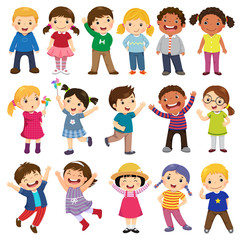 happy kids cartoon collection. multicultural children in different positions isolated on white backg