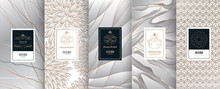 Collection Of Design Elements,labels,icon,frames, For Packaging,design Of Luxury Products.Made With Golden Foil.Isolated On Silver And Marble Background. Vector Illustration