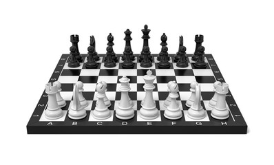 3d rendering of a chess board with a full set of figures in the starting position.