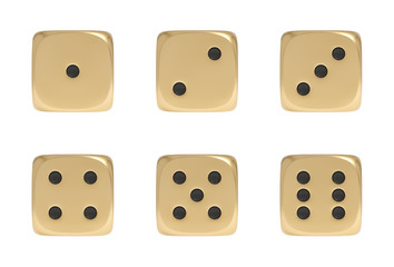 Poster - 3d rendering of a set made up of nine golden game dice on a white background.
