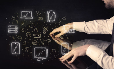 Poster - Man pressing table tablet hand touch interface with media icons
