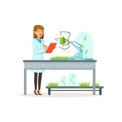 Sticker - Female scientist and robotic arm conducting experiments in a modern laboratory, robotic arm working and testing green tree leaf, artificial intelligence concept vector illustration