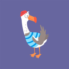 Poster - Funny seagull in a striped vest, cute comic bird character cartoon vector illustration