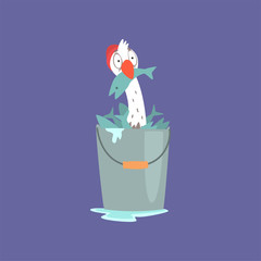 Wall Mural - Funny seagull sitting inside of a bucket full of fish, cute comic bird character cartoon vector illustration