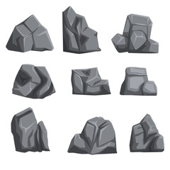 Sticker - Set of stones with lights and shadows. Rock landscape design elements of different shapes and shades of gray. Flat vector isolated on white