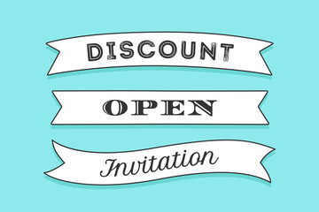 Wall Mural - vintage trendy ribbon with text discount, open, invitation on color background. colorful old banner 