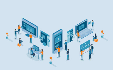 Poster - isometric mobile application and web design  development process for responsive device  concept .group business team  working 