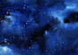 A clastic starry night sky. Clouds, a deep space of black and blue flowers with a spray of white stars. Drawing with watercolor.