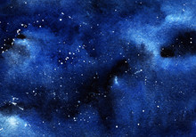 A Clastic Starry Night Sky. Clouds, A Deep Space Of Black And Blue Flowers With A Spray Of White Stars. Drawing With Watercolor.