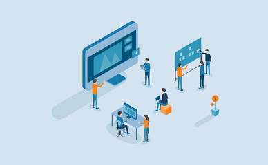 Poster - web develop and web design process with isometric flat people business team working  and project brainstorming concept