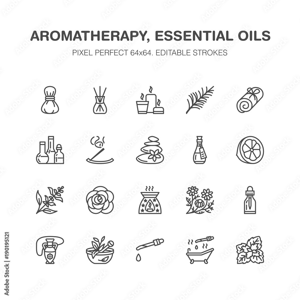 Essential oils aromatherapy vector flat line icons set. Elements ...