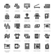 Printing house flat glyph icons. Print shop equipment - printer, scanner, offset machine, plotter, brochure, rubber stamp. Silhouette signs for polygraphy office, typography.