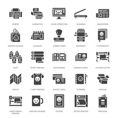 Poster - Printing house flat glyph icons. Print shop equipment - printer, scanner, offset machine, plotter, brochure, rubber stamp. Silhouette signs for polygraphy office, typography.