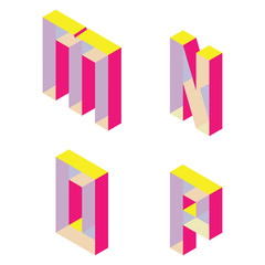 Poster - Bright isometric font with transparent parts. English letters M N O P isolated on white good for lettering and design