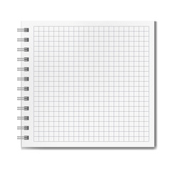 Wall Mural - Blank realistic vector horizontal ruled square notebook with shadow template. Notepad with blank opened quad ruled page on metallic spiral, textbook or organizer mockup for your text