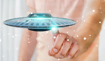 Poster - Businessman with retro UFO spaceship 3D rendering