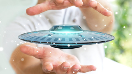 Poster - Businessman with retro UFO spaceship 3D rendering