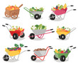 Vegetables in wheelbarrow vector healthy nutrition of vegetably tomato pepper and carrot in wheel barrow for vegetarians eating farming food illustration vegetated set isolated on white background