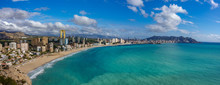 Panoramic View Benidorm With High Buildings, Mountains And Sea