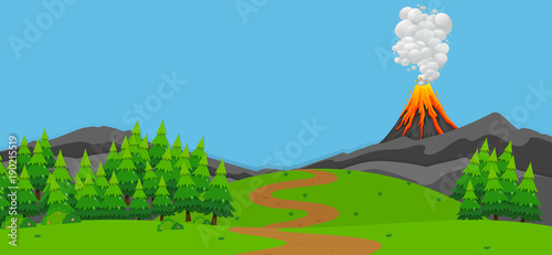 Fotomural Background scene with volcano and forest