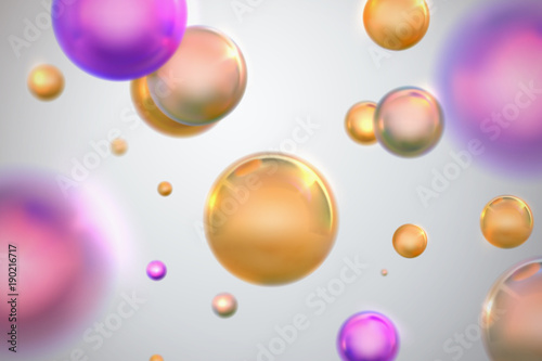 Fotografie, Obraz Abstract background with glossy golden and purple spheres