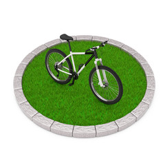 Poster - Black and White Mountain Bike over Round Plot of Dense Green Grass. 3d Rendering