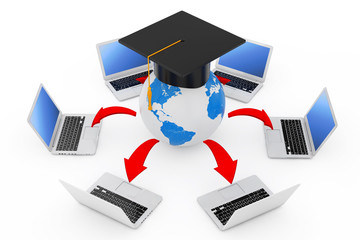 Poster - Laptops Arranged in a Circle Around Graduation Academic Cap Earth Globe with Glowing Red Arrows Connections. 3d Rendering