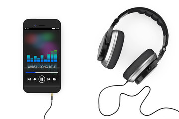 Poster - headphones near mobile phone with music playlist. 3d rendering