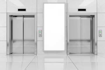 Poster - Blank Ad Billboard or Poster near Modern Elevator or Lift with Metal Doors in Office Building. 3d Rendering