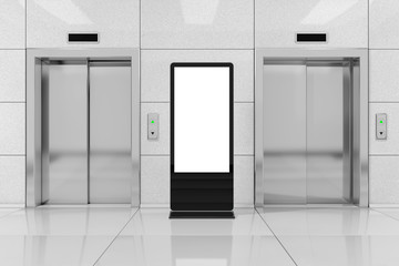 Poster - Blank Trade Show LCD Screen Stand as Template for Your Design near Modern Elevator or Lift with Metal Doors in Office Building. 3d Rendering