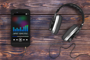 Poster - headphones near mobile phone with music playlist. 3d rendering