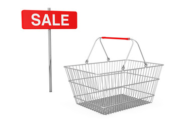 Aufkleber - Red Pole Sale Sign near Wire Shopping Basket. 3d Rendering