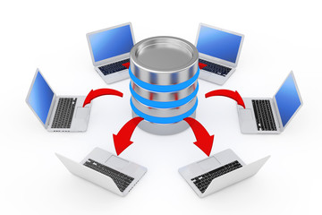 Aufkleber - Laptops Arranged in a Circle Around a Server with Glowing Red Arrows Connections. 3d Rendering