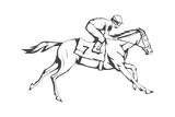 Fototapeta Konie - Horse racing. Jockey on racing horse running to the finish line. Race course
