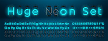 Mega Huge Neon Set Glowing Alphabet With Upper And Lowercase Letters, Vector Font. Glowing Text Effect. On And Off Lamp. Neon Numbers And Punctuation Marks. Isolated On Blue Background.