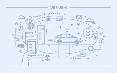 Poster - Hand holding mobile phone and automobile on city street. Concept of car sharing and electronic rental service or carsharing application. Monochrome vector illustration drawn with blue contour lines.