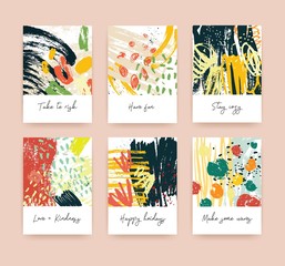 Poster - Collection of greeting card or postcard templates with various wishes and abstract hand drawn textures with bright colored paint traces, stains and blots. Modern colorful vector illustration.