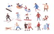 Collection of male and female cartoon characters performing winter activities. Set of men and women dressed in outerwear skiing, ice skating, snowboarding, playing hockey. Flat vector illustration.