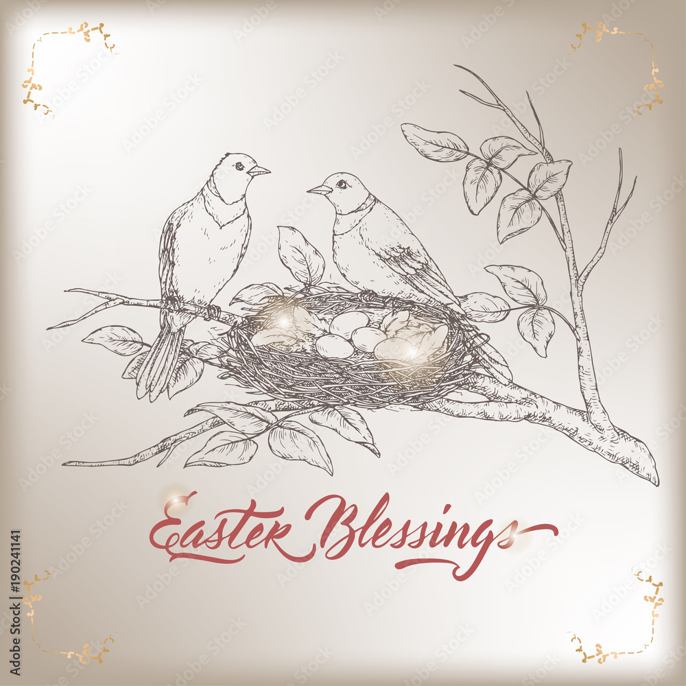 Easter greeting card with two birds and nest with eggs. Based on hand ...