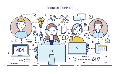Poster - Happy online consultants wearing headphones with microphones sitting at computers and answering questions asked by clients. 24 hour technical support service. Vector illustration in line art style.