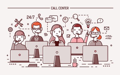 Poster - Smiling men and women wearing headphones with microphones sitting at computer displays and answering question. 24 hour call center, technical support service. Vector illustration in line art style.