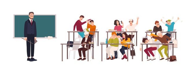 Students sitting at desks in classroom and demonstrating bad behavior - fighting, eating, sleeping, surfing internet on smartphone during lesson and teacher looking at them. Flat vector illustration.