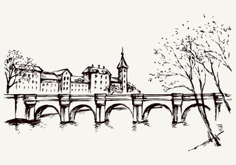 Wall Mural - Cityscape with bridge over river. Vector drawing