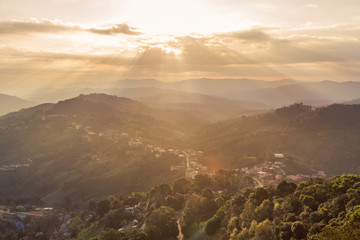 high aerial view sunrise with fog  in early morning at doi Mae salong village 
Doi Mae Salong, Chiang Rai, Thailand
