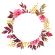 Watercolor roses circle frame. Floral composition in pink and purple